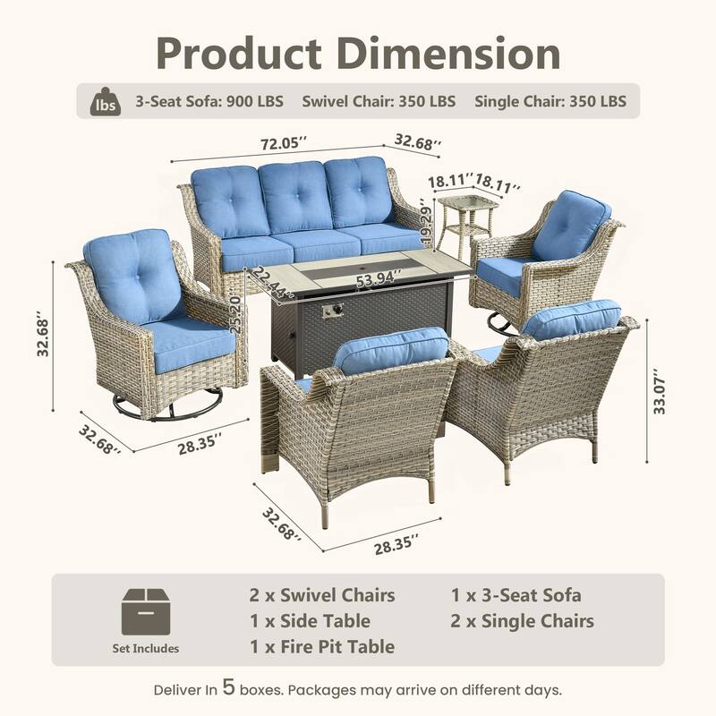 HOOOWOOO 7-piece Wicker Rattan Outdoor High Back Conversation Set with 54" Fire Pit