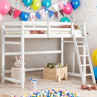 Modern Twin Size High Loft Bed with Inclined Ladder and Guardrails for Bedroom