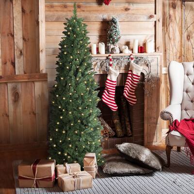 VEIKOUS 6ft/7.5ft Slim Pencil Christmas Tree Pre-lit with Adjustable Lights and Stand