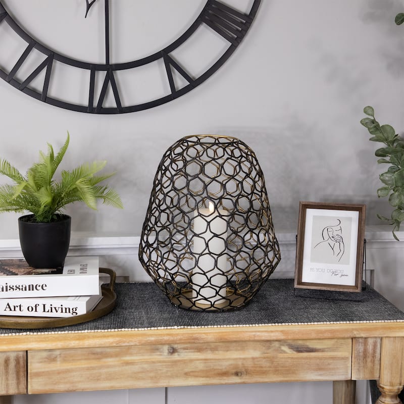 Large Geometric Cage Iron Pillar Candle Holder - 14.25" - Black and Gold
