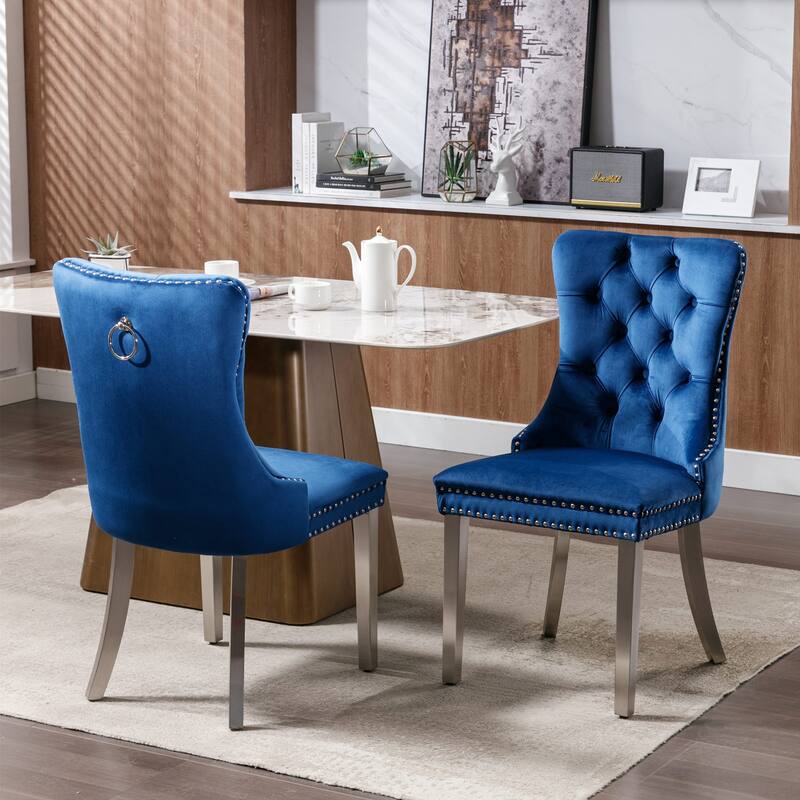 Roomfitters Modern Velvet Dining Chairs Set of 2, Tufted Upholstered Accent Chairs and Chrome-Plated Stainless Steel Legs - Blue