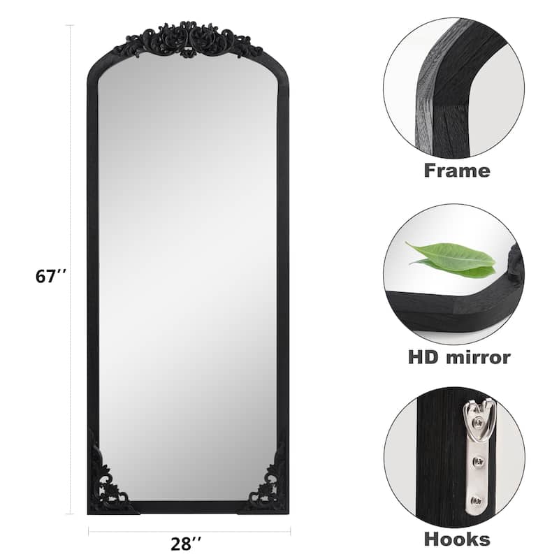 Arched Full-Length Solid Wood Carving Floor Mirror