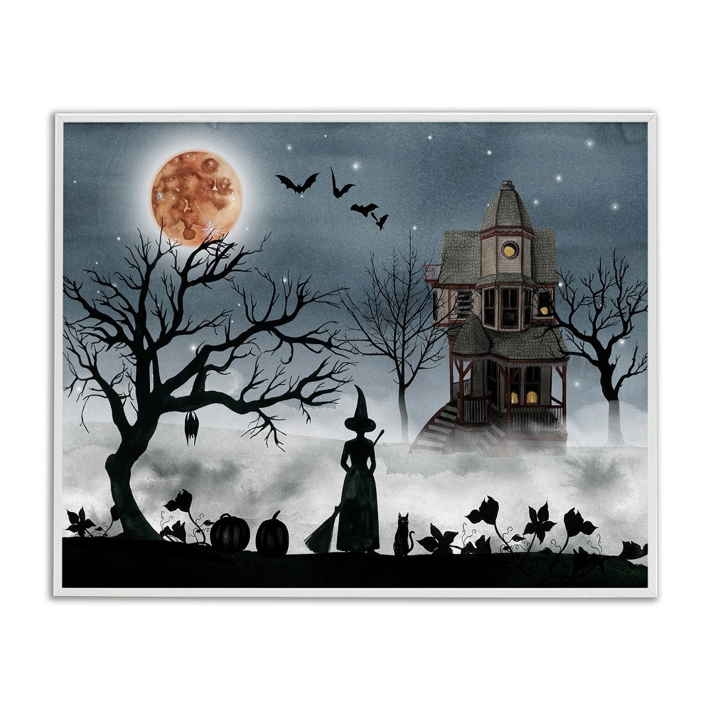 Stupell Halloween Witch Silhouette in Full Moon Haunted House Scene Framed Giclee Texturized Art by Grace Popp