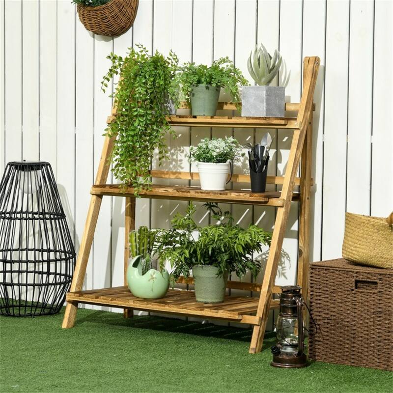 Natural Fir Wood 3 Tier Plant Stand Flower Display Rack for Garden Patio Indoor Use - 31.5" L x 14.75" W x 37" H