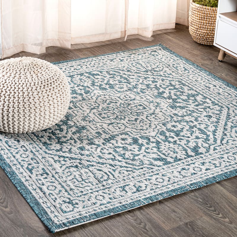 JONATHAN Y Rozetta Medallion Textured Weave Indoor/Outdoor Area Rug - 9' Square - Teal Blue/Gray