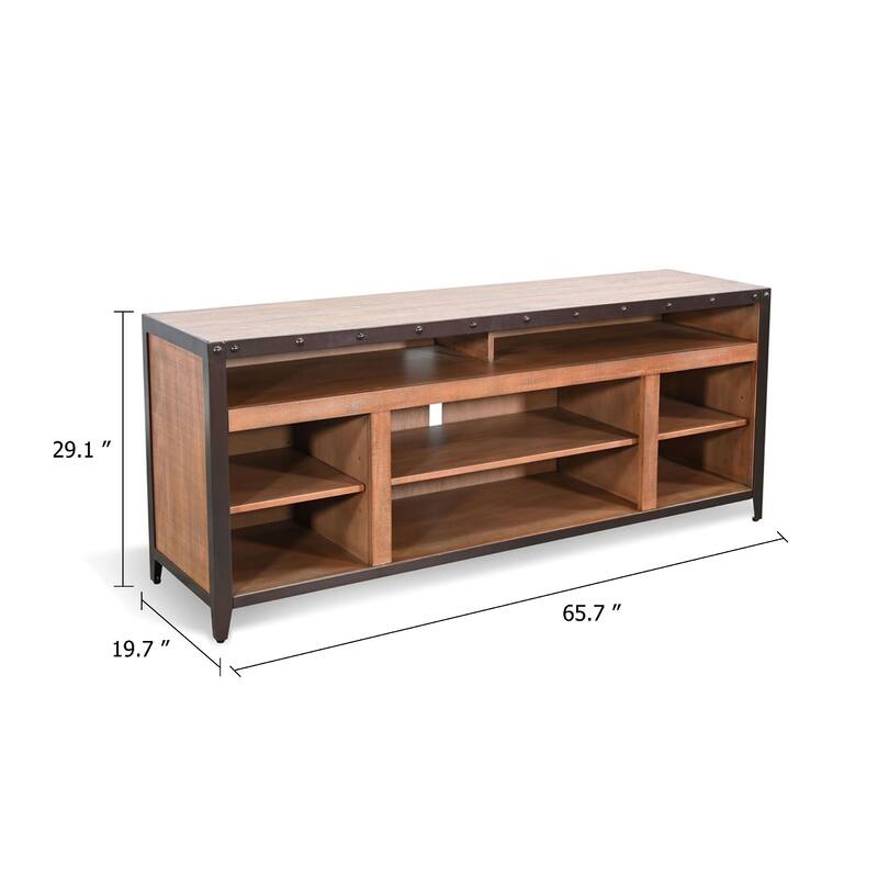 Indir TV Stand Media Cabinet, Open Shelves, Metal, Brown Wood, 66 Inch