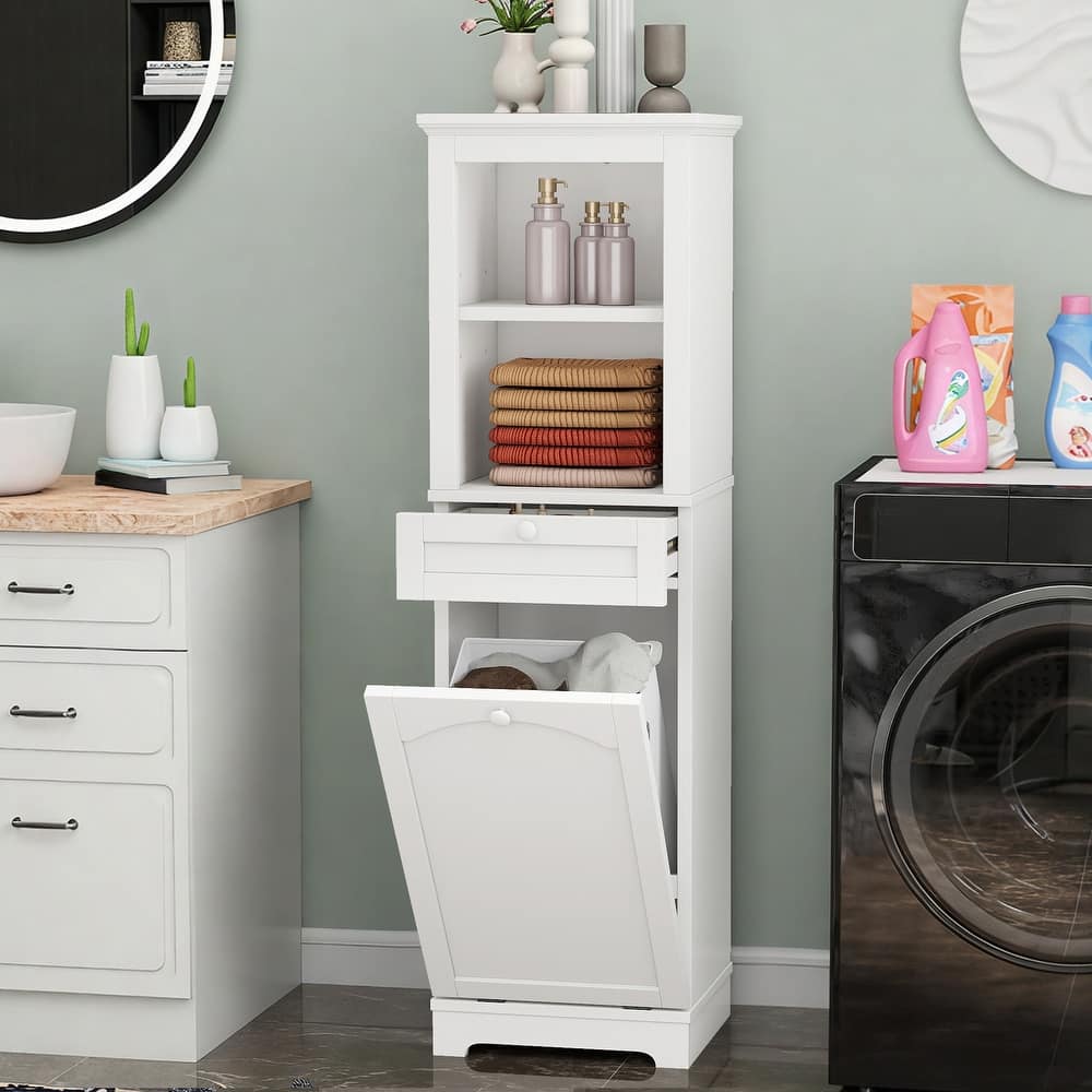 53 Inch Tall Tilt Out Laundry Hamper Cabinet with Hidden Basket and Storage Drawer