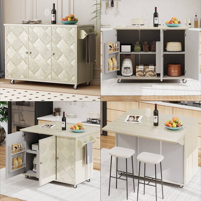 51.2" Wood Rolling Kitchen Island w/ Drop Leaf, Internal Storage Rack