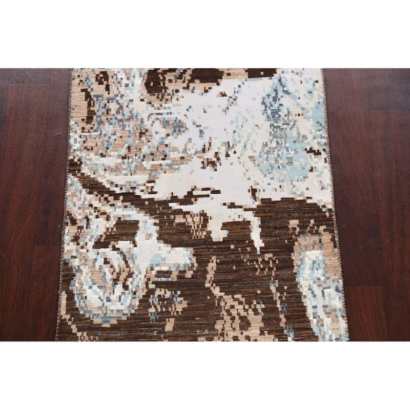 Wool/ Silk Vegetable Dye Modern Oriental Abstract Runner Rug Handmade - 2'7" x 9'11"