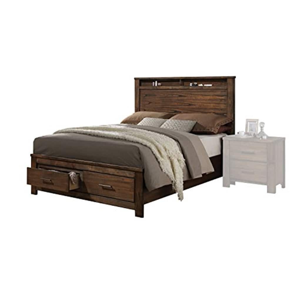 Eastern King Storage Bed with Headboard & Drawers - Oak Finish, Antique Brass Hardware - Contemporary Chic Design