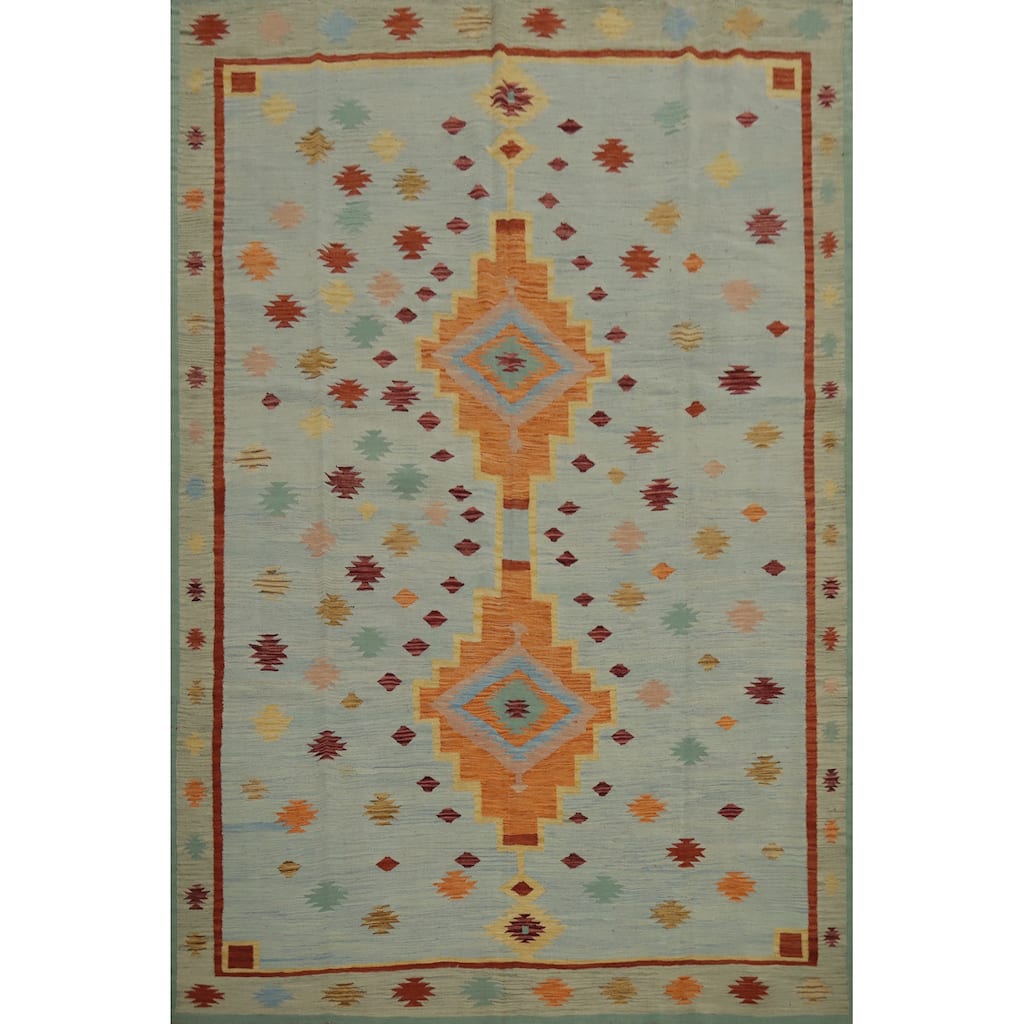 Hand Woven Oriental 100% Wool Carpet Southwestern Tribal Navy Blue & Blues Kilim Area Rug - 9' 9'' X 7' 8''