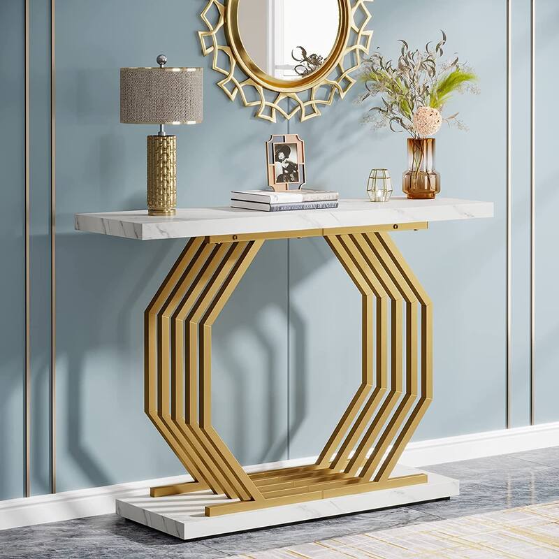 Gold Console Table, Faux Marble Entryway Table Narrow Sofa Table with Geometric Metal Base, 40 Inch Modern Accent Table - Gold