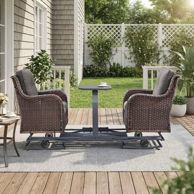 Pocassy Outdoor 2 Person Patio Swing Glider Chair - Brown Wicker Gray Cushion - 2-Person Glider Chair