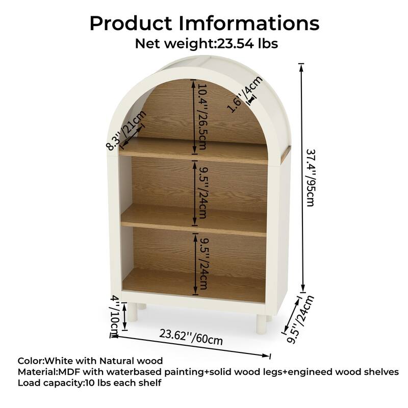 GDFStudio - Avery Elegant Arched Small Bookcase Arched Top with Woodgrain Shelves, 3-Tier Storage Shelf - 3-Tier Storage
