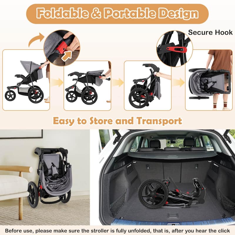 Babyjoy Jogging Stroller Foldable Jogger with Adjustable Canopy - See Details