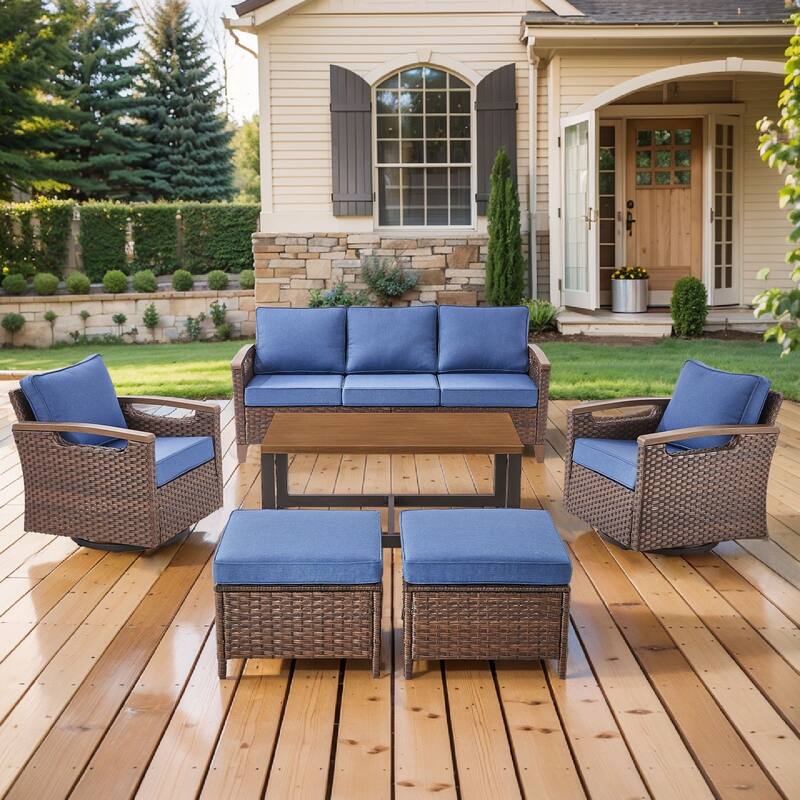 Pocassy Outdoor Brown Wicker Funitre with Cushion Set - Blue Cushion - Sofa with Swivel Chair Table Ottoman Set