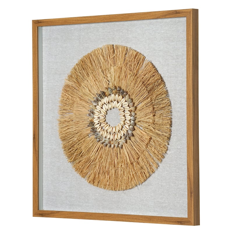 Boho Handmade Framed Straw Shell and Linen Wall Art Decor, 23.5"x23.5" - 23.5" x 23.5" - 23.5" x 23.5" - 23.5" x 23.5" - Tan