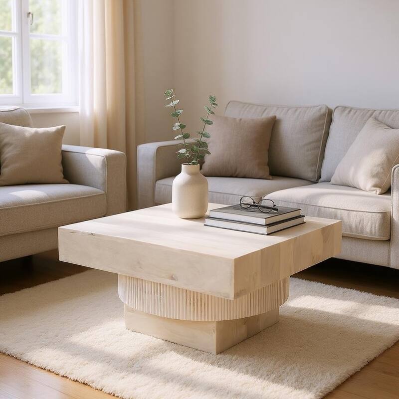 HomeRoots 36" Natural White Solid Wood Square Geo Pedestal Coffee Table - 36.00 in. x 17.70 in. x 36.00 in. - Natural