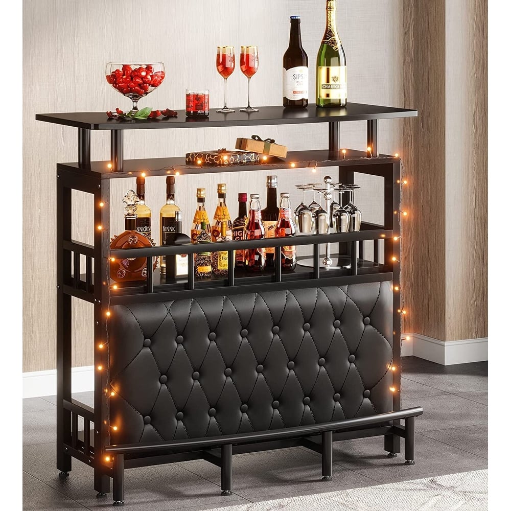 Bar Unit Bar Counter Table for Home Liquor with Front Upholstered Storage Shelf Metal Front Footrest for Home Basement