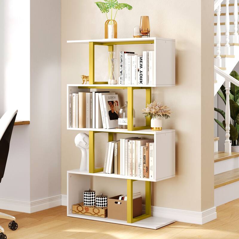 Moasis Modern Corner Shelf Bookcase Bookshelf with Unique S Shaped for Living Room and Home Office - White/Gold