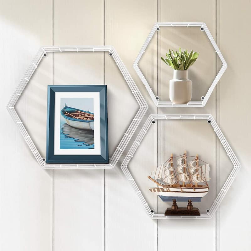 Metal Wire Hexagon Design Wall Mounted Floating Shelves, Set of 3