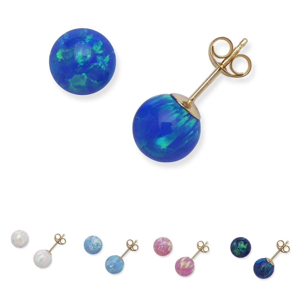 14k Yellow Gold 7mm Round Reconstructed Opal Ball Earrings