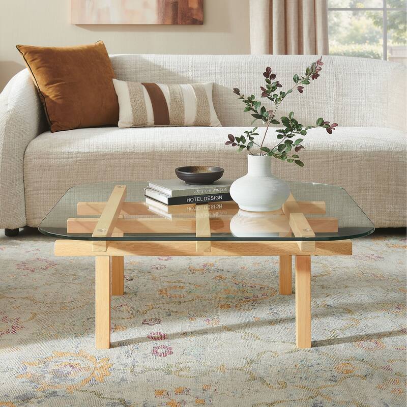 Isby 35 Inch Tempered Glass Coffee Table - Oak