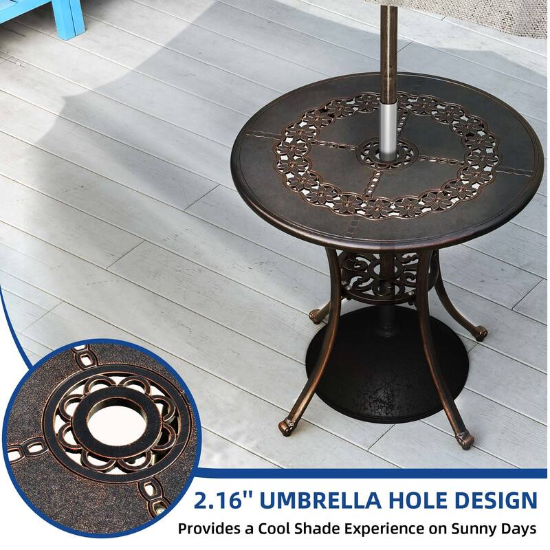 Moasis 25" Outdoor Round Cast Aluminum Dining Table with Umbrella Hole