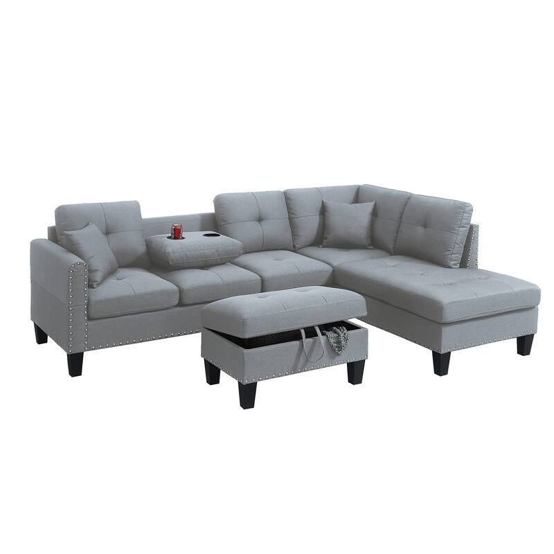3 Piece Linen-Like Fabric Sectional Sofa Set with Storage Ottoman - Taupe Grey