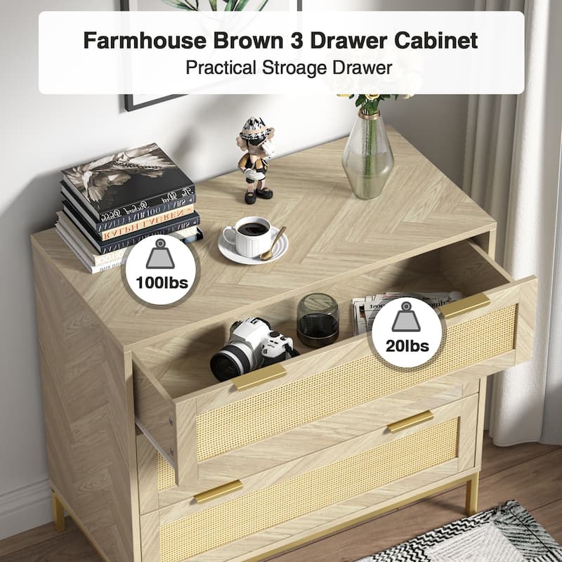 Anmytek Modern 3-Drawer Wood Rattan Dresser Chest of Drawers Storage Cabinet for Bedroom Living Room