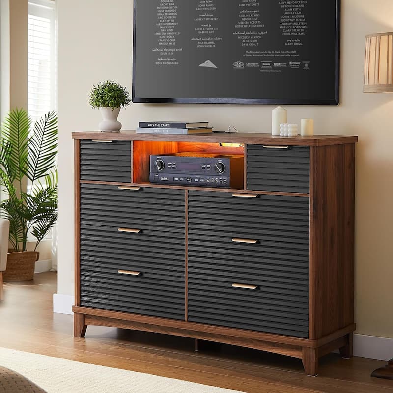 Wooden Drawers Dresser with Charging Station Dresser for Bedroom Chest of Drawers - Black&brown - 8-drawer