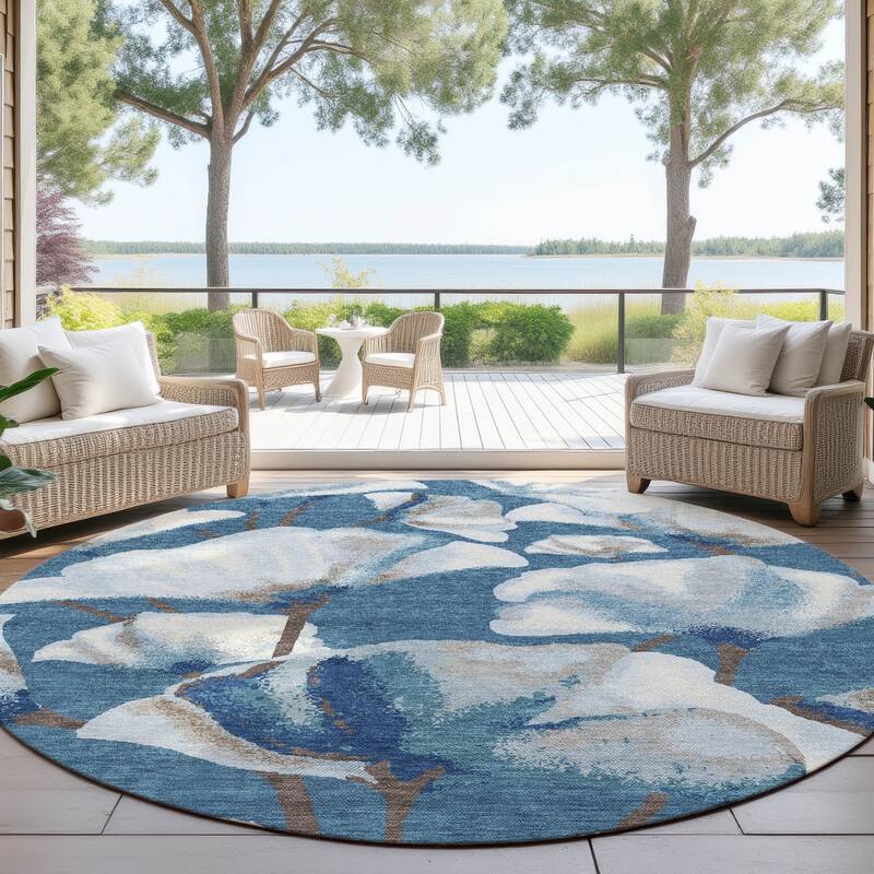 Machine Washable Indoor/ Outdoor Floral Love Chantille Rug - Blue - 8' x 8'