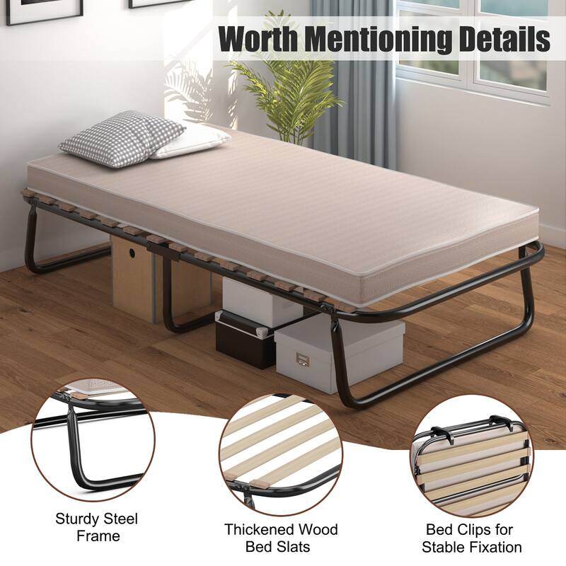 Gymax Portable Folding Guest Bed Cot with Memory Foam Mattress Twin