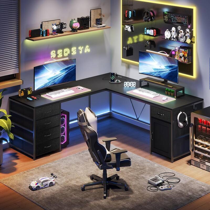 L Shaped Computer Desk 5 fabric Drawers Gaming Desk Storage Shelf