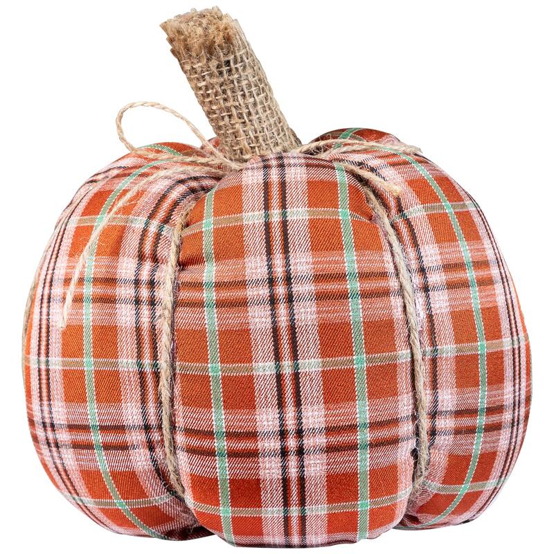 Plush Ribbed Plaid Fall Harvest Pumpkin - 8" - Orange and Green