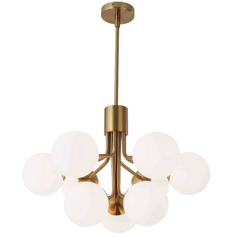 9 Light Chandelier - Elegant Brass Finish Opal Glass - Living Room Dining Room Lighting - 15.75