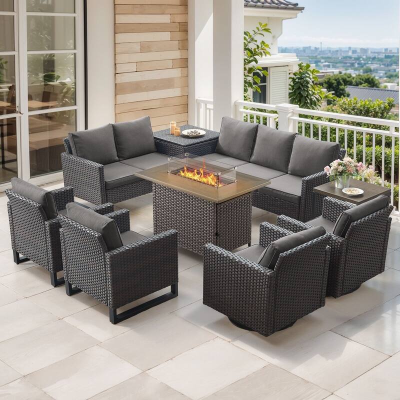 Gymojoy 9 Piece All-Weather Wicker Outdoor Patio Family Conversation Set Group With Fire Pit Table