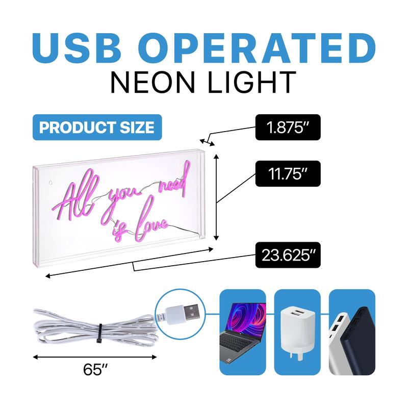 All You Need Is Love 23.63" X 11.75" Contemporary Glam Acrylic Box USB Operated LED Neon Light, Pink by JONATHAN Y
