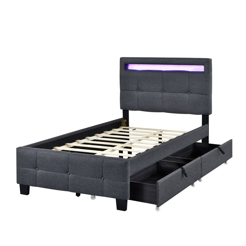 Upholstered Platform Bed with LED Frame and 2 Drawers