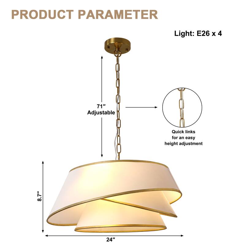 Bella Depot 24" Modern Golden Fabric Pendant Light for Dining Room Bedroom Adjustable Vintage Chandelier