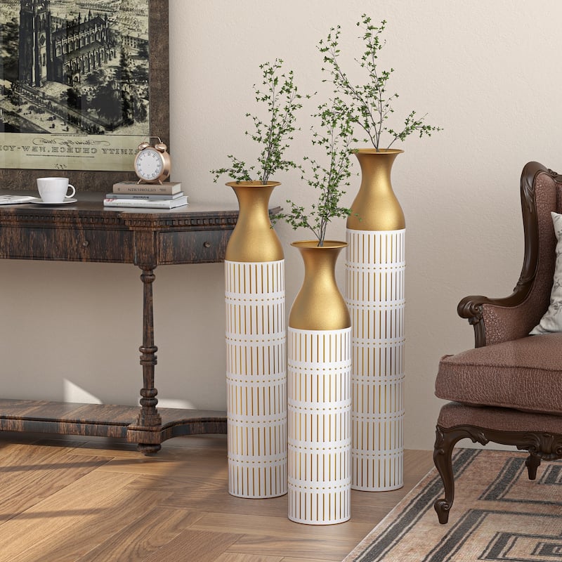 Floor Metal Decorative Vase Tall Distressed Metallic Centerpiece Vases with Pattern, Set of 3 Vases