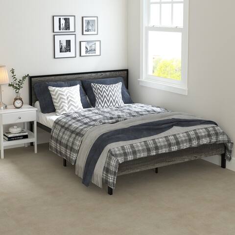 Elephance Full/Queen Size Metal Platform Bed Frame with Solid Wood Headboard, Black Oak