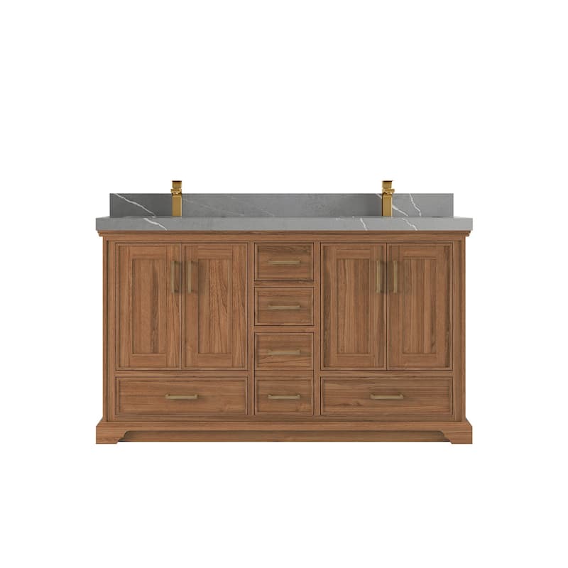 Willow Collections 60 in. W x 22 in. D Charlotte Teak Double Sink Bathroom Solid Teak Vanity with Countertop - 2”Piatra Gray - Dark Natural
