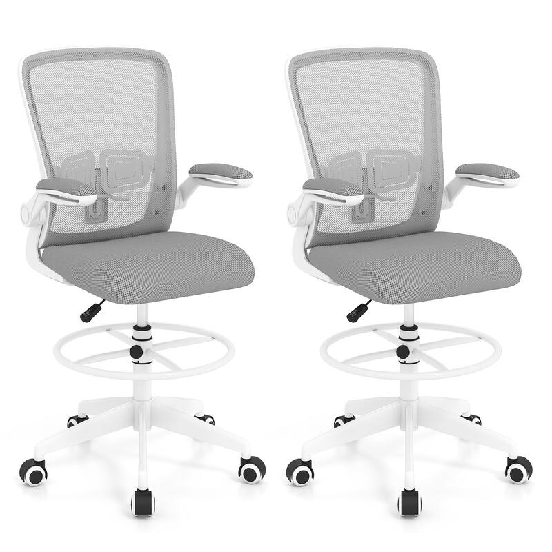 Gymax 2PCS Home Office Drafting Chair w/Flip-Up Armrests Adjustable - Grey