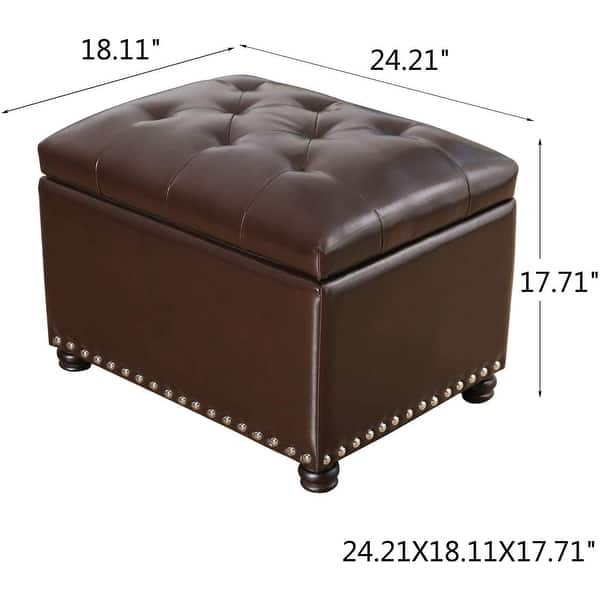 dimension image slide 1 of 2, Adeco Tufted Bottom Bonded Leahter Brown Rectangle Storage Ottoman