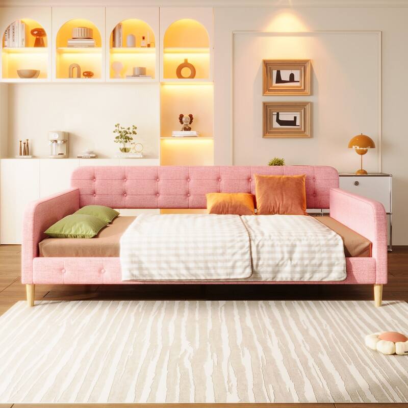 Queen Size Linen Upholstered Daybed with 4 Support Legs - Pink