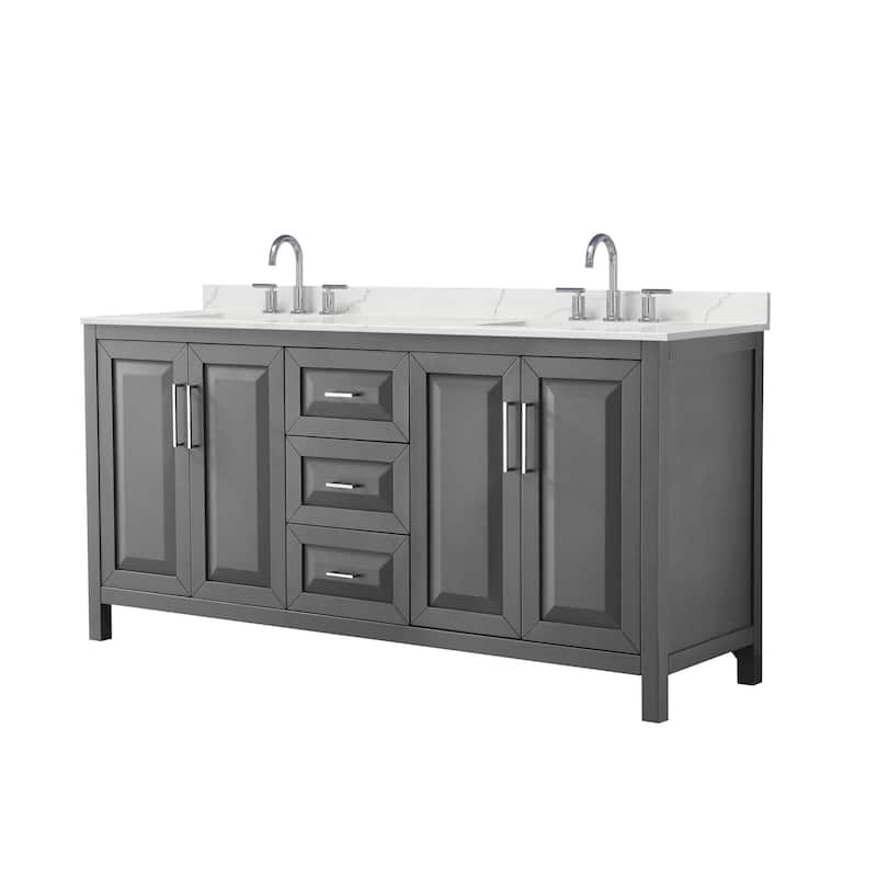 Daria 72-inch Double Vanity, 3 Hole Quartz Top - Dark Gray, Chrome Trim, Giotto Quartz Top