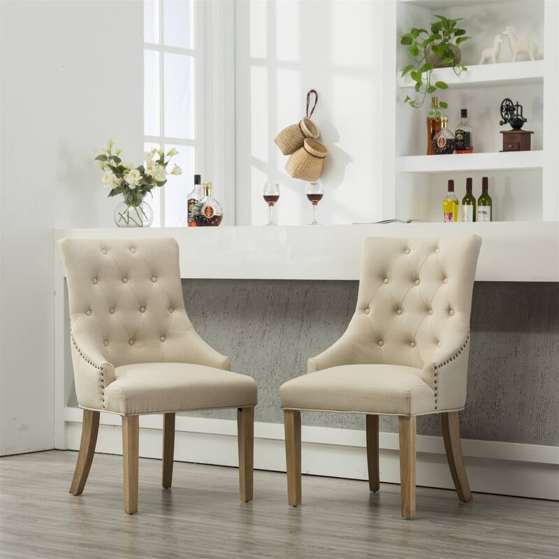 Set of 2 Tufted Button Wingback Chairs with Nailheads and Wood Legs - Beige
