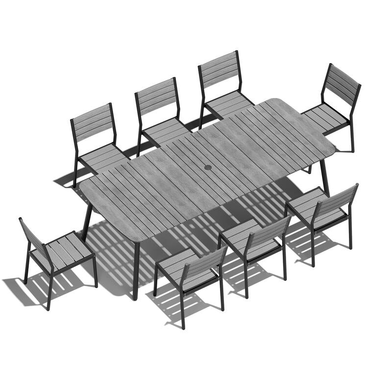 9-Piece Rustproof Aluminum Rectangle Patio Outdoor Dining Set with Slat Table and Stackable Chairs - Grey