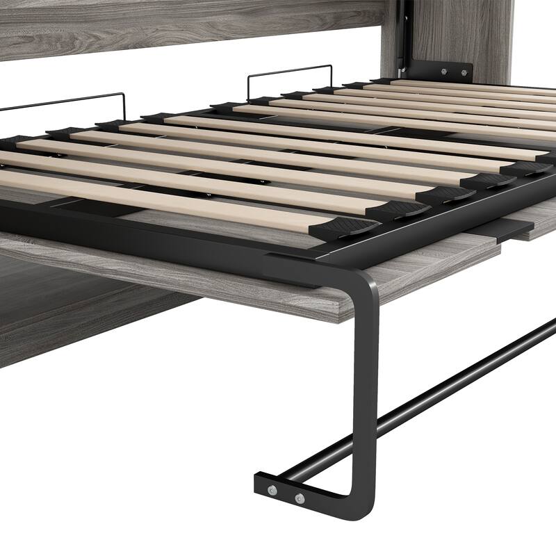 Space-Saving Foldable Twin Bed with Drawers, LED Light, and Cabinet, Gray